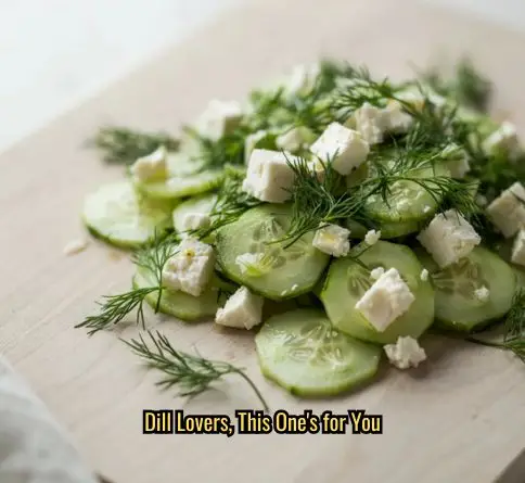  Dill cucumber feta salad with fresh dill fronds and crumbled feta on a pale wood serving board.
