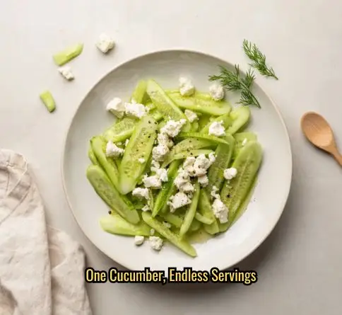  English cucumber feta salad with cucumber half-moons and crumbled feta in a shallow serving bowl.
