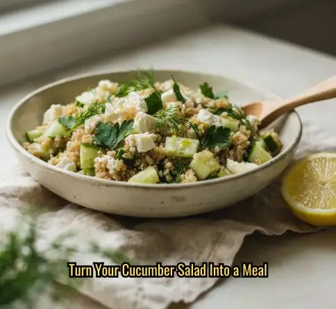Cucumber feta quinoa salad with fluffy quinoa, diced cucumber, and crumbled feta in a ceramic bowl.
