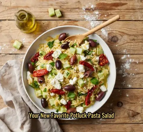Cucumber feta orzo salad with kalamata olives, sun-dried tomatoes, and orzo pasta in olive oil dressing.
