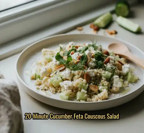 Cucumber feta couscous salad with toasted almonds and fresh herbs in a light lemon dressing.
