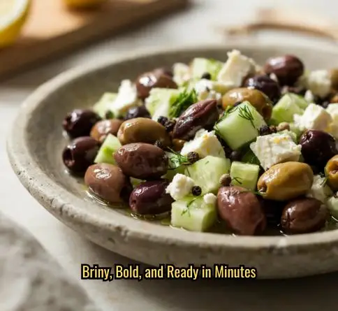 Cucumber feta olive salad with kalamata and Castelvetrano olives and crumbled feta in a stone bowl.
