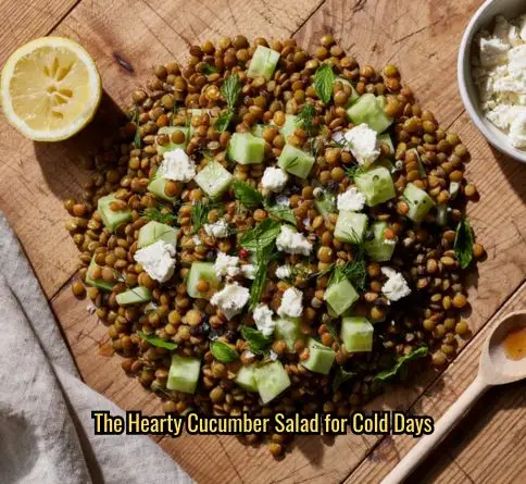 Cucumber feta lentil salad with French green lentils and crumbled feta in a red wine vinaigrette.
