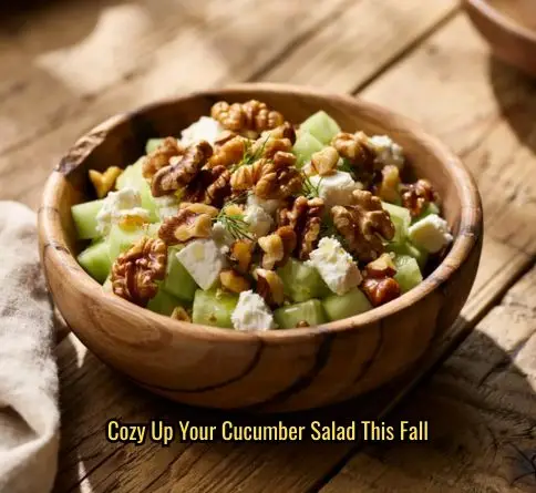  Cucumber feta walnut salad with toasted walnut halves and feta crumbles in a rustic wooden bowl.
