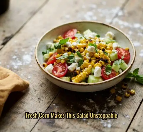  Corn cucumber feta salad with charred corn kernels, cherry tomatoes, and fresh basil on a wooden table.
