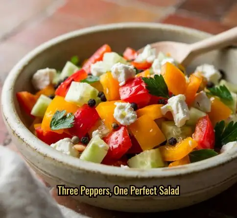 Bell pepper cucumber feta salad with diced red, orange, and yellow peppers and crumbled feta in olive oil.