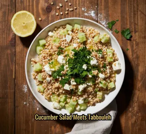 Bulgur cucumber feta salad with soaked bulgur wheat, chopped parsley, and crumbled feta in lemon dressing.