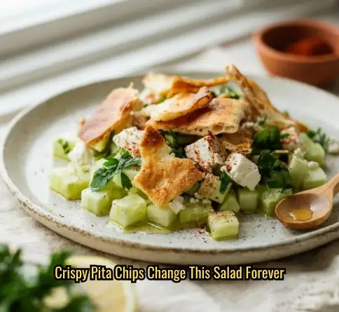 Fattoush-style pita cucumber feta salad with crispy toasted pita chips and a sumac dusting on top.
