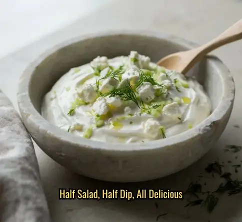 Creamy cucumber feta yogurt salad with grated cucumber, Greek yogurt, and fresh dill in a stone bowl.
