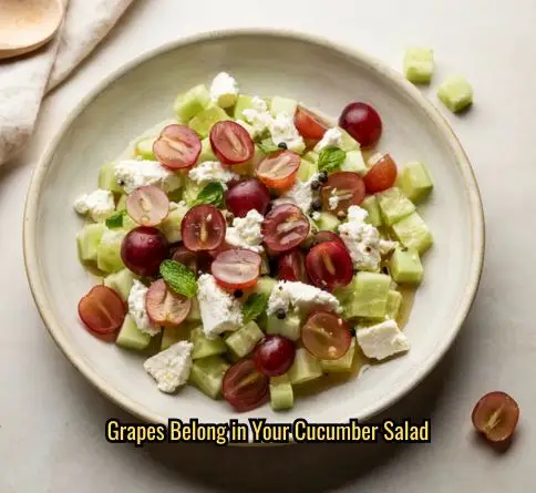 Grape cucumber feta salad with halved red grapes and crumbled feta in a balsamic vinaigrette.