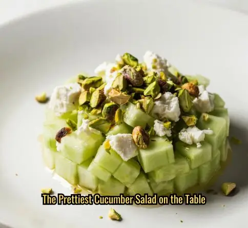 Pistachio cucumber feta salad with chopped green pistachios and honey-lemon dressing on a white plate.
