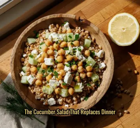 Chickpea cucumber feta grain bowl salad with farro, chickpeas, cucumber, and feta in a lemon-olive oil dressing.
