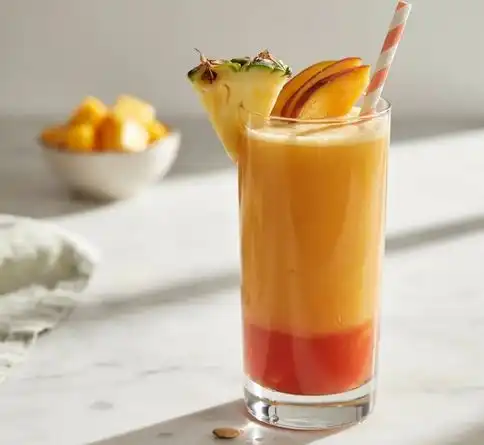 Mango pineapple fruit smoothie recipe garnished with fresh pineapple and mango slices