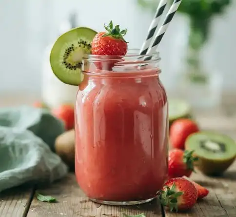 Strawberry kiwi fruit smoothie recipe topped with sliced kiwi and a whole strawberry