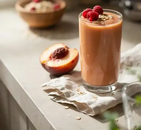 Peach raspberry oat smoothie recipe with fresh raspberries and oats on top