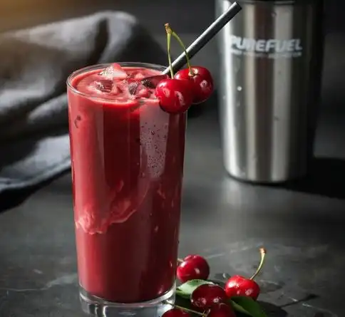 Cherry mixed fruit protein smoothie recipe topped with fresh whole cherries