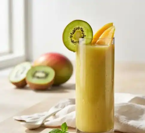 Kiwi mango green mixed fruit smoothie recipe garnished with kiwi and mango slices