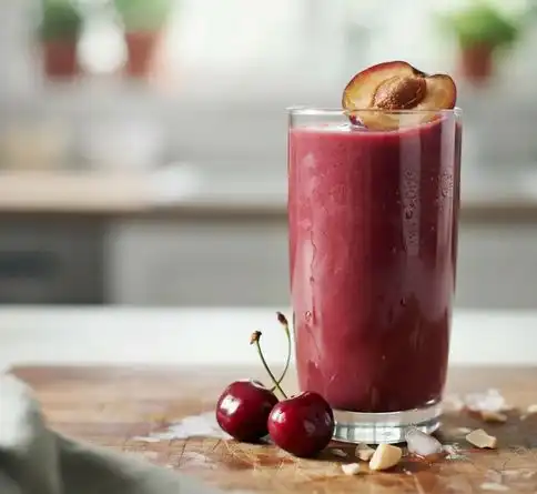 Plum cherry almond fruit smoothie recipe with fresh plum and cherry garnish