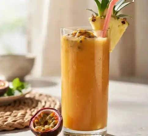 Passionfruit pineapple tropical smoothie recipe topped with fresh passionfruit pulp