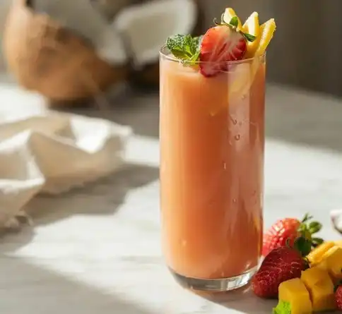 Strawberry mango coconut water fruit smoothie recipe in a tall glass