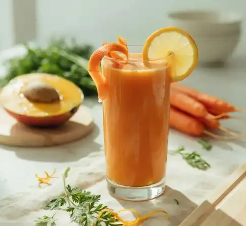  Orange mango carrot fruit smoothie recipe garnished with fresh carrot curls