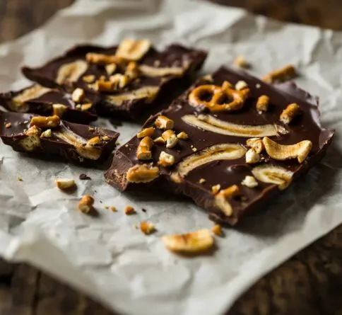 Chocolate peanut butter bark with pretzels, a fun no bake summer dessert for kids