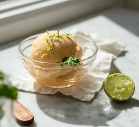 Mango sherbet with ginger and lime, a healthy summer dessert for kids