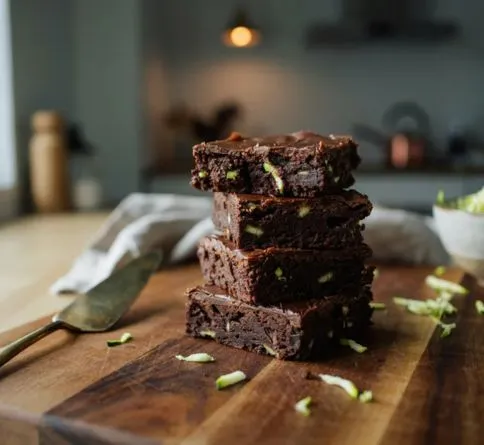 Zucchini brownies stacked on a board, a healthy summer dessert recipe for kids