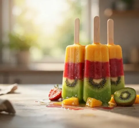 Rainbow fruit popsicles made with mango strawberry and kiwi, a fun summer dessert for kids