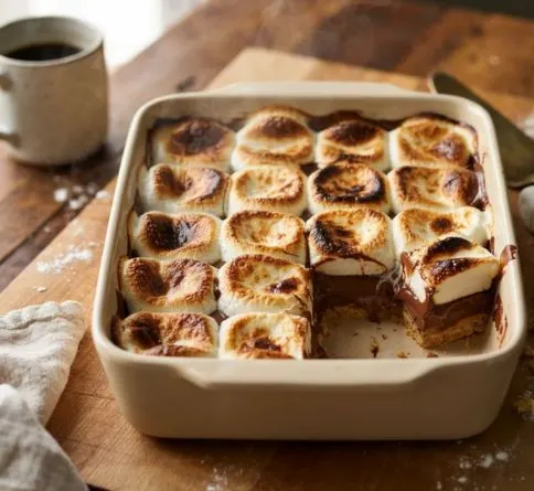 Layered smores bars with toasted marshmallow, an easy summer dessert recipe for kids
