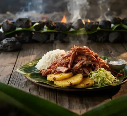 Tender Hawaiian kālua pig with smoky shredded pork served alongside cabbage and steamed rice.