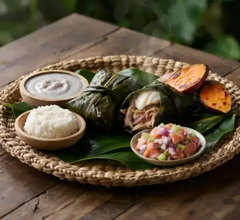 Traditional Hawaiian laulau with tender pork and fish wrapped and steamed inside taro leaves.