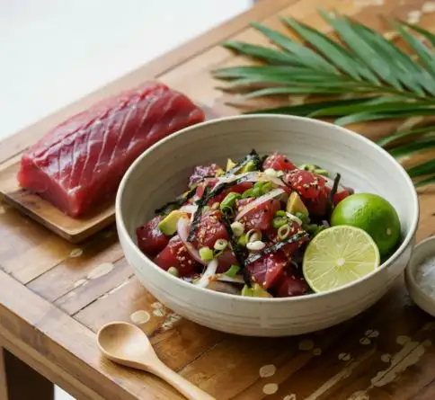 Fresh Hawaiian ahi tuna poke with seaweed, green onions, sesame seeds, and soy seasoning.