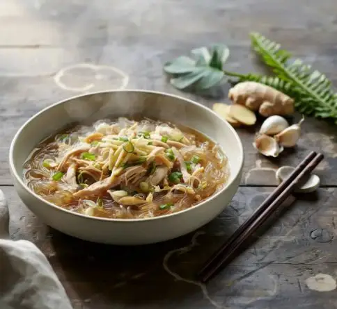 Hawaiian chicken long rice with shredded chicken, glass noodles, green onions, and ginger broth.