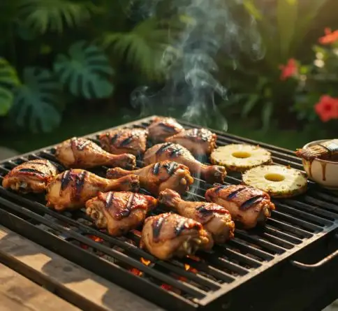 Grilled Hawaiian Huli Huli chicken with caramelized skin, pineapple slices, and tropical garnishes.