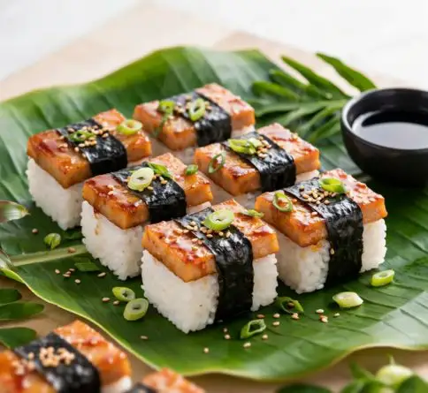 Hawaiian Spam musubi made with grilled Spam, seasoned rice, and nori seaweed wrapping.