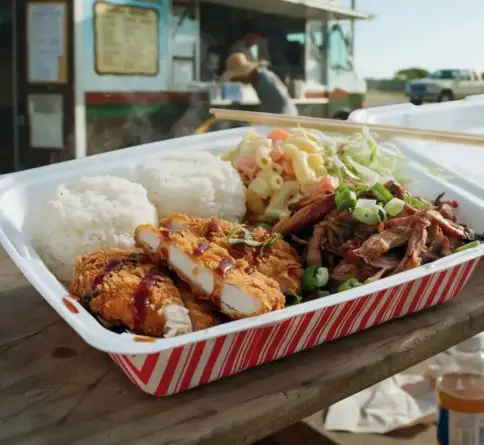 Hawaiian plate lunch with grilled meat, two scoops of rice, and creamy macaroni salad.