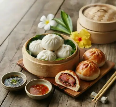 Fluffy Hawaiian manapua buns filled with sweet barbecue pork and served warm from the steamer.