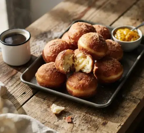 Fresh Hawaiian malasadas coated in sugar with a golden exterior and soft, fluffy center.