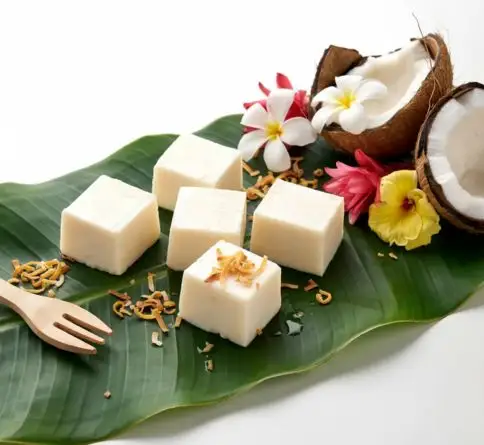 Traditional Hawaiian haupia coconut pudding cut into smooth white squares and served chilled.