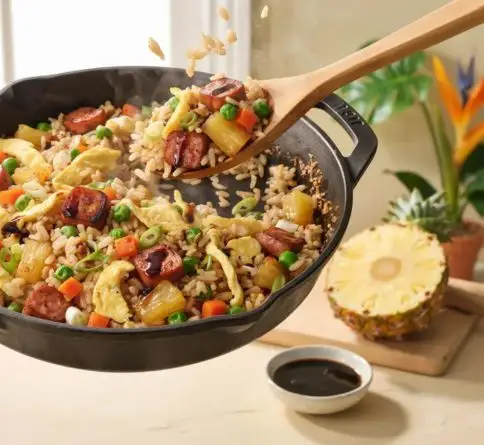 Hawaiian fried rice with pineapple, Spam, scrambled eggs, vegetables, and sliced green onions.