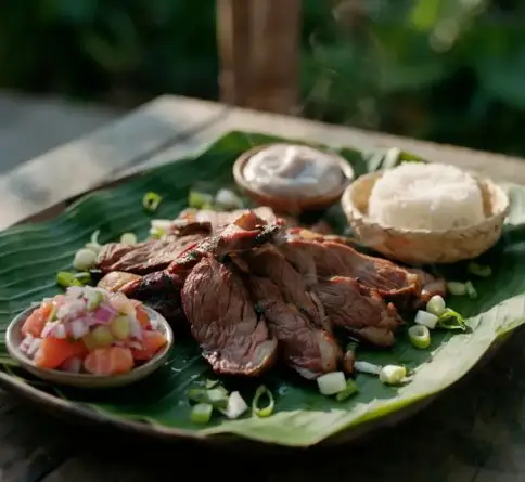 Traditional Hawaiian pipikaula featuring seasoned dried beef served with rice and fresh island sides.