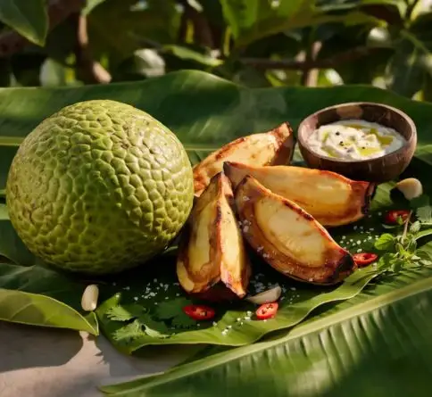 Roasted Hawaiian ʻulu breadfruit cut into wedges with herbs and a lightly golden exterior.