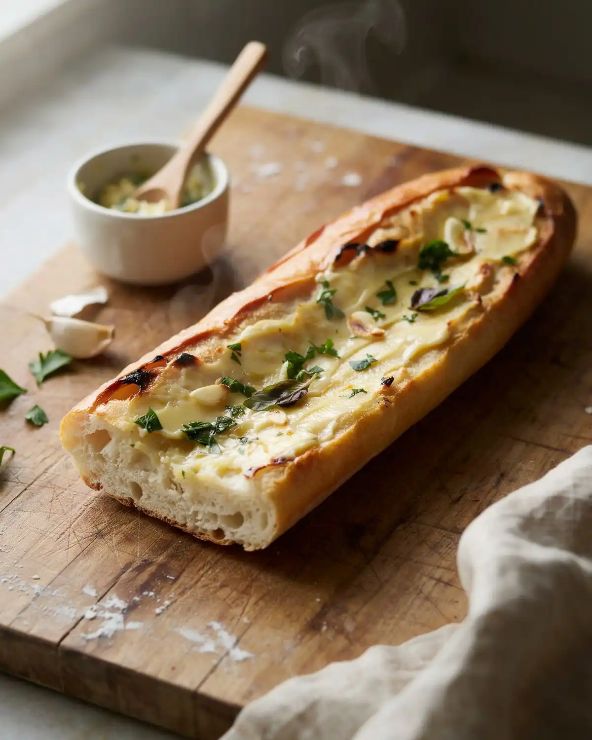 Golden classic herb and garlic butter bread with crisp toasted edges on a wooden board
