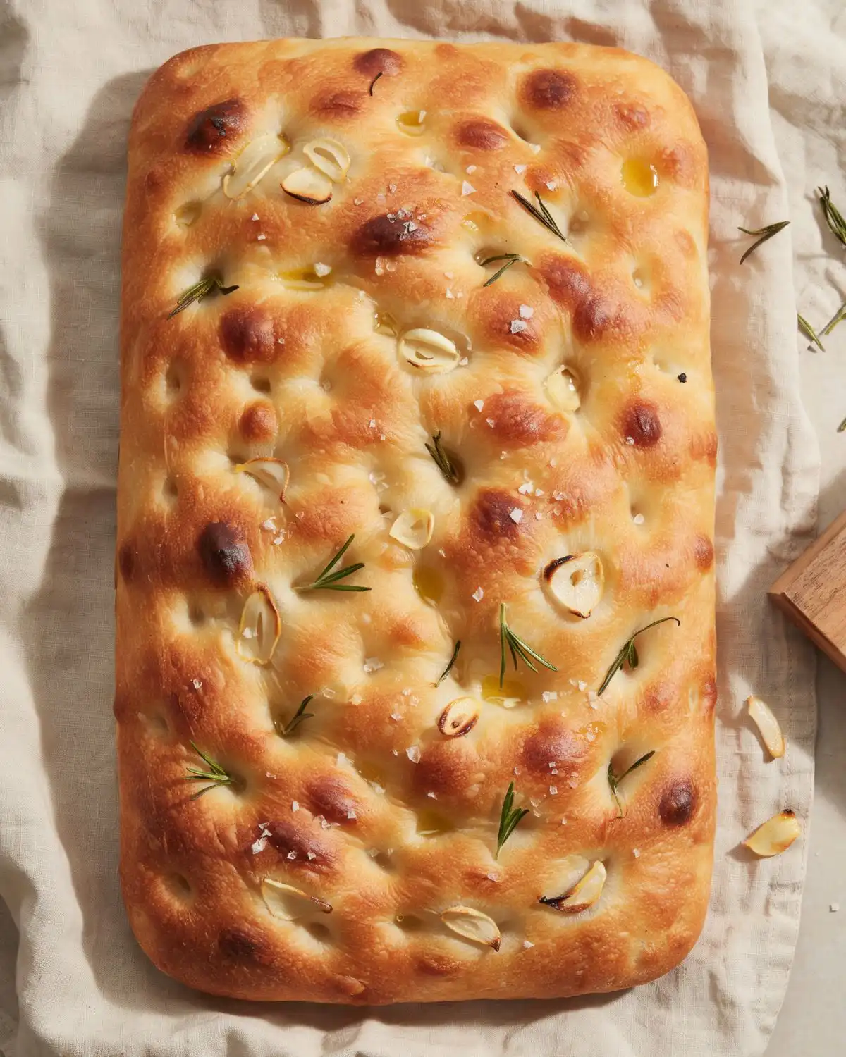Rosemary garlic focaccia bread with dimpled crust and pools of olive oil