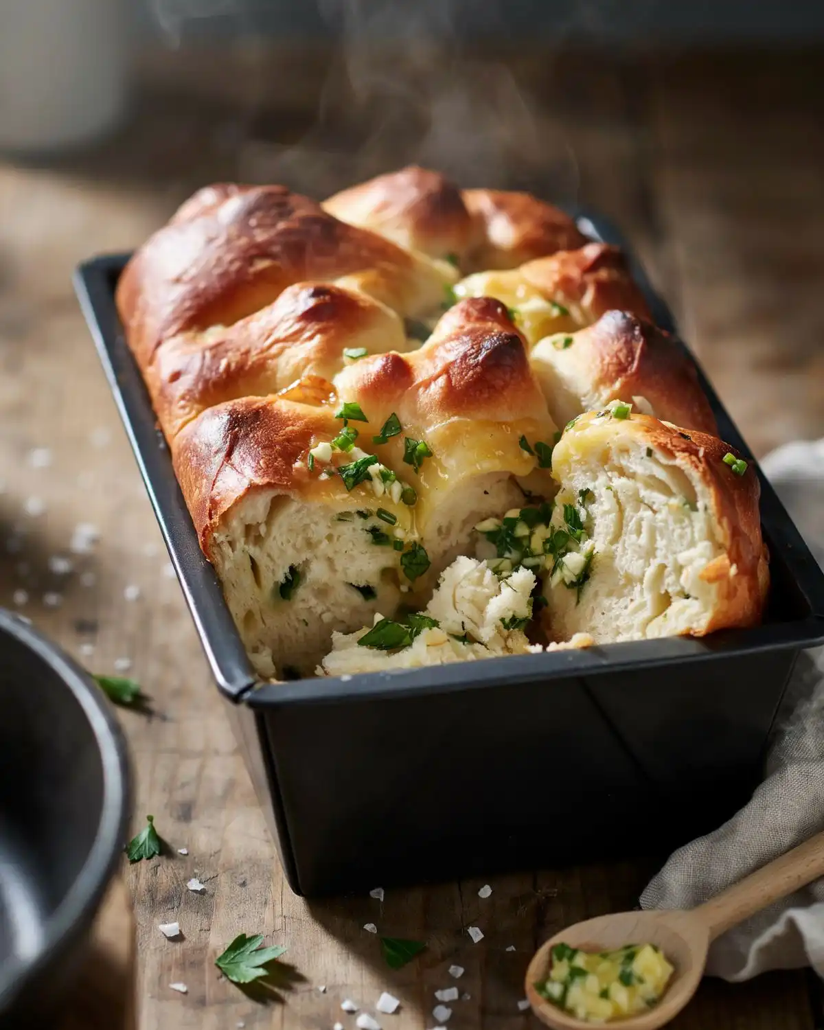 Buttery garlic herb pull-apart bread with layers separated in a loaf pan