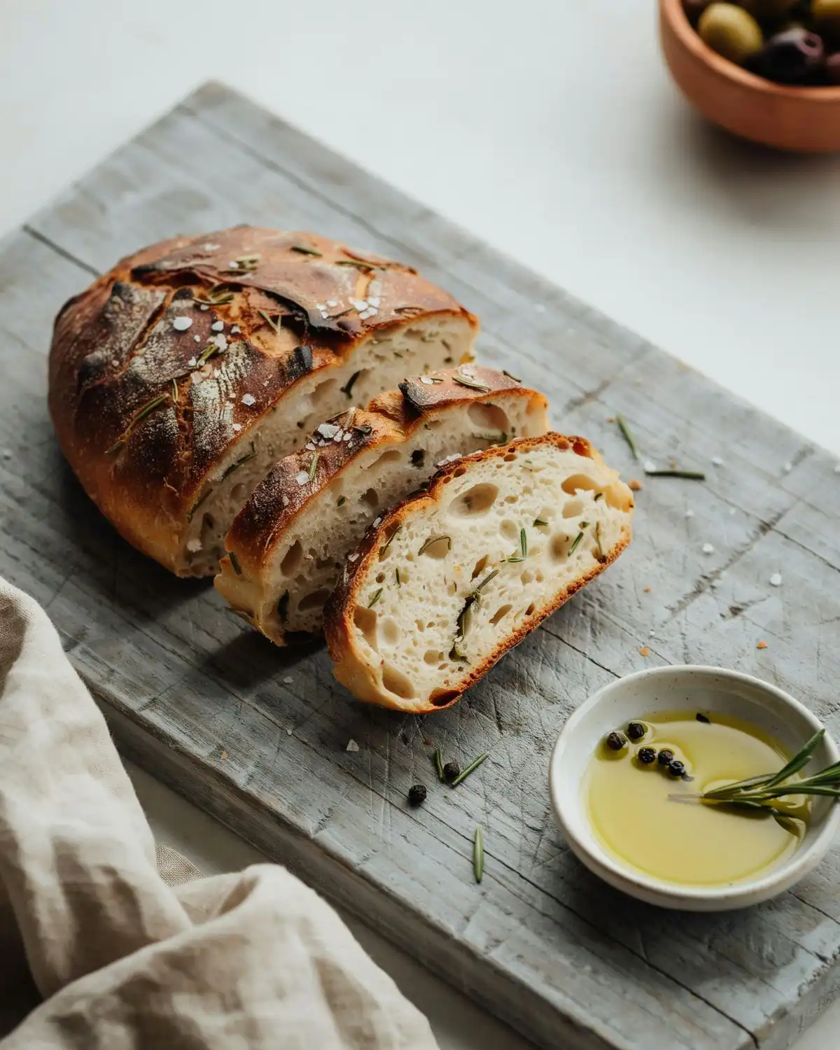 Sliced rosemary olive oil bread served with a small dish of olive oil for dipping