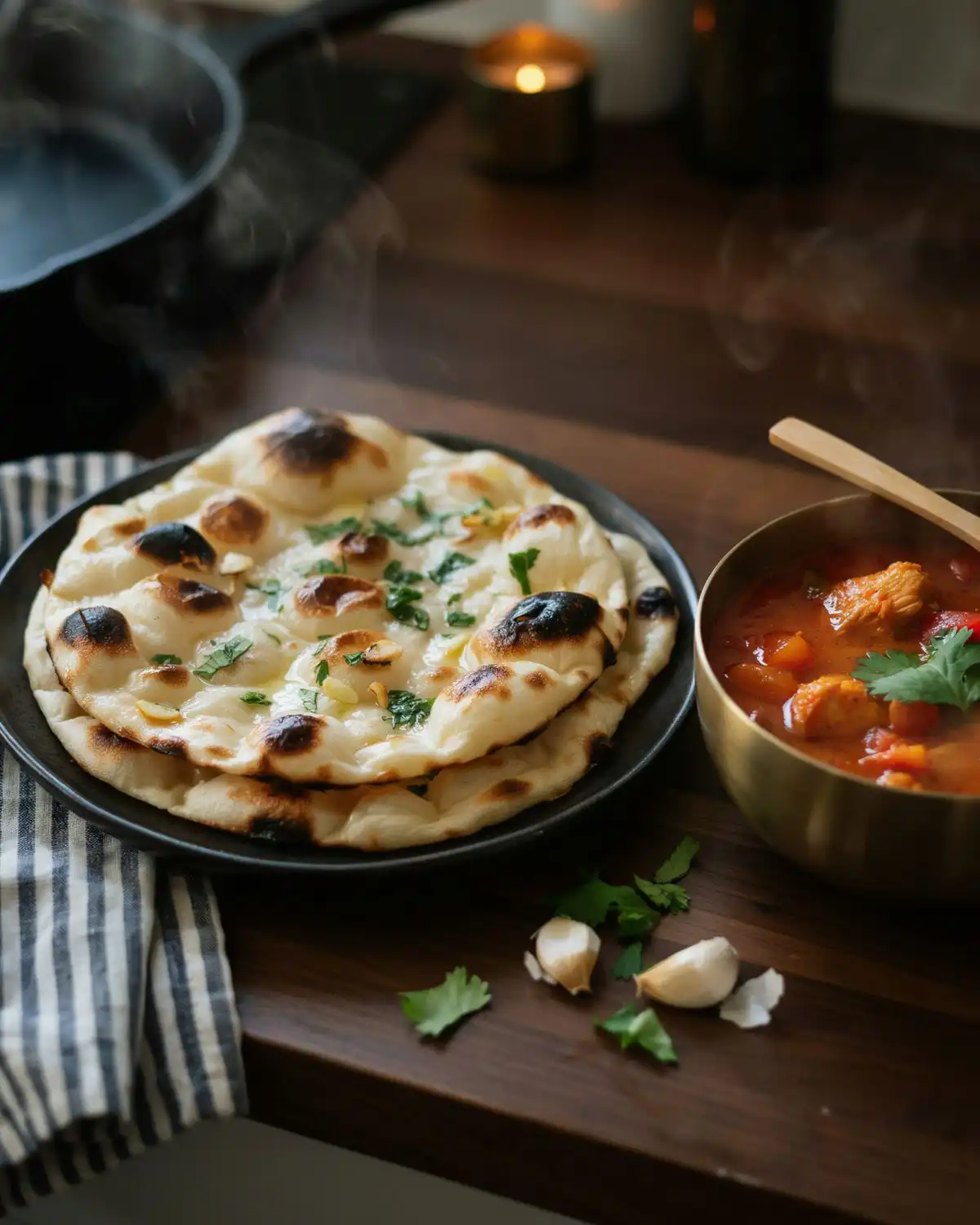Charred garlic herb naan brushed with butter and cilantro next to a bowl of curry
