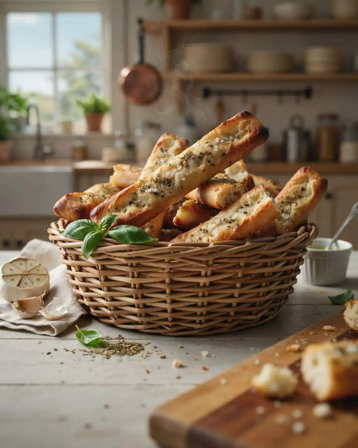 Golden herb and garlic breadsticks stacked in a rustic basket