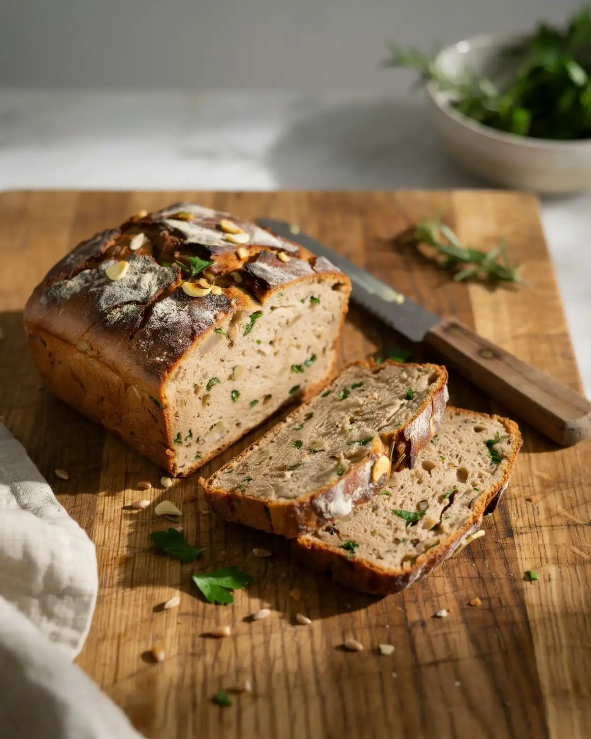  Sliced whole wheat garlic herb bread with a dense nutty crumb